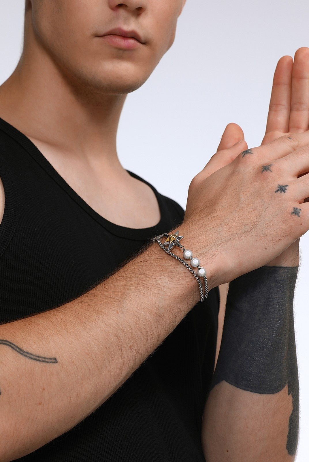 BLACKHEAD Two Tone Star Pearl Bracelet in Gold - On Male Model