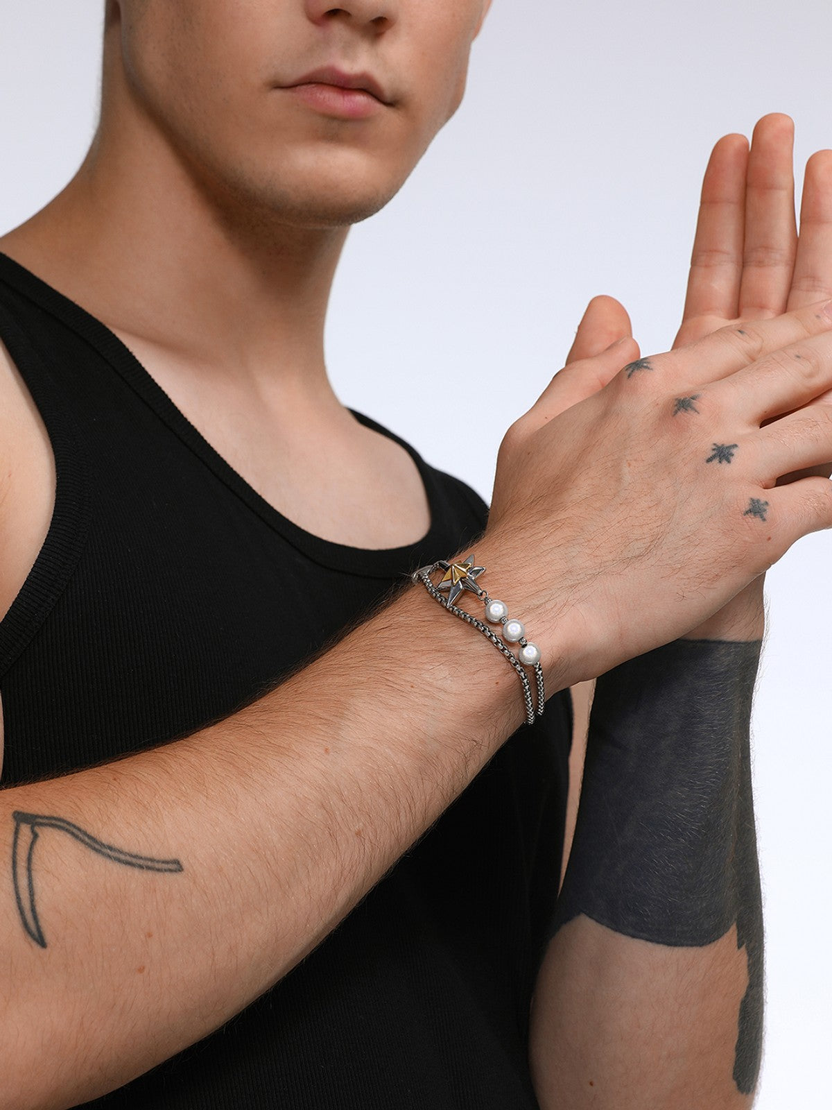 BLACKHEAD Two Tone Star Pearl Bracelet in Gold - On Male Model