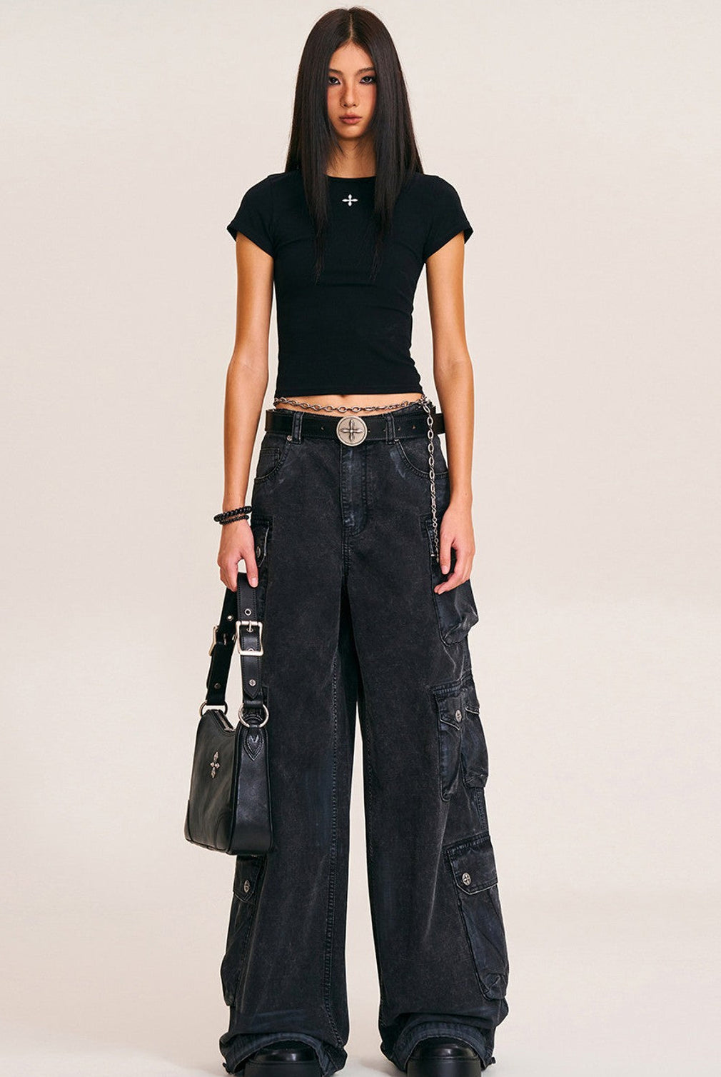 SMFK Short Sleeve Cropped T Shirt in Black - On Female Model