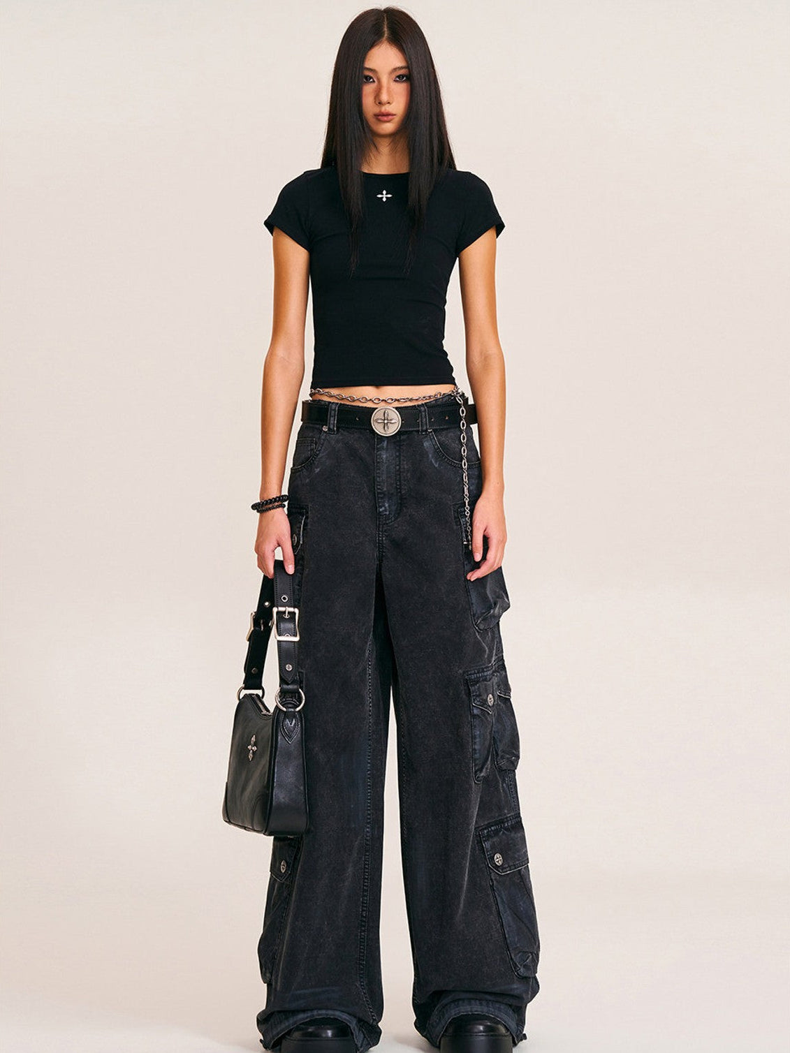SMFK Short Sleeve Cropped T Shirt in Black - On Female Model