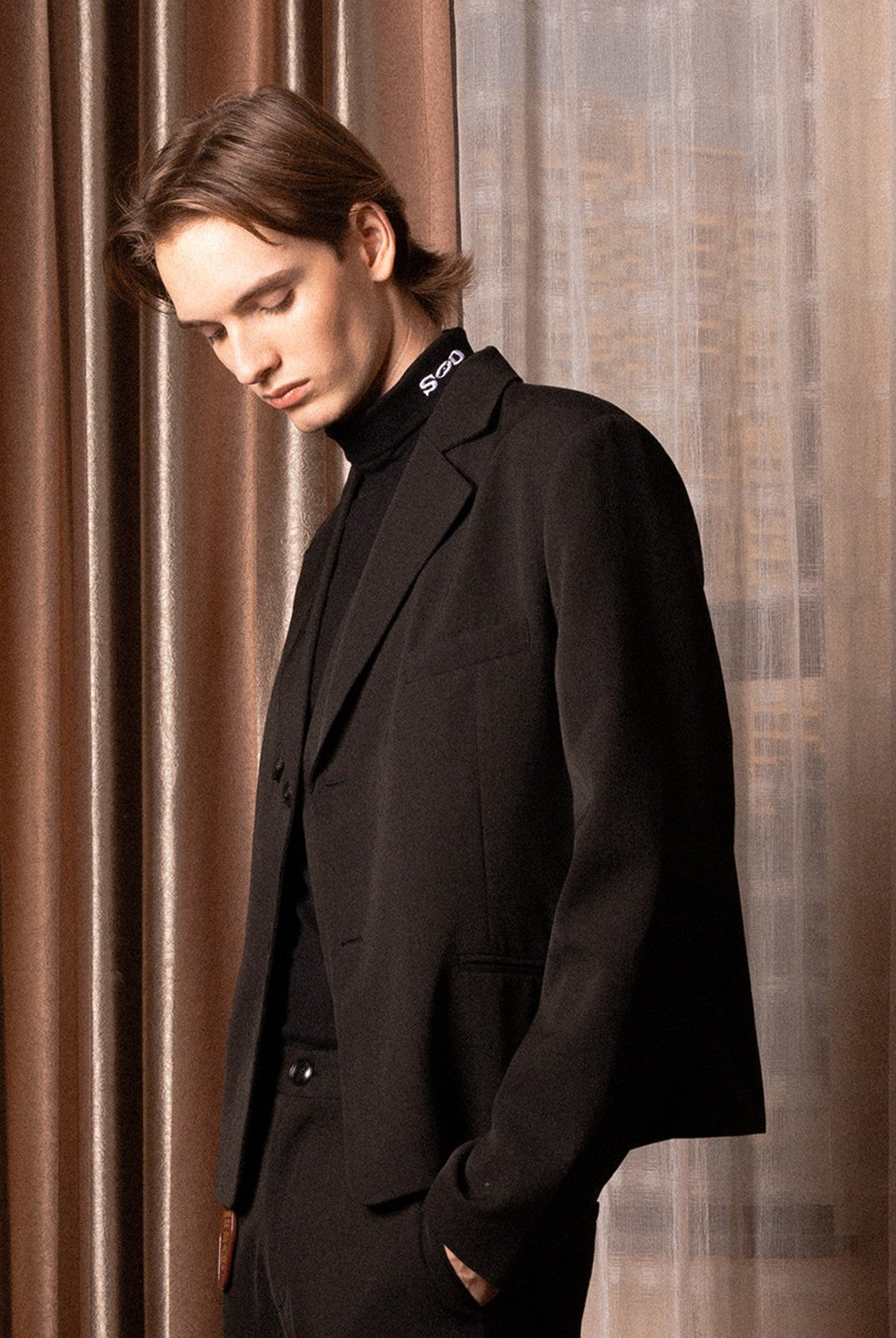 SOD Deconstructed Asymmetric Wool Blazer in Black - On Male Model