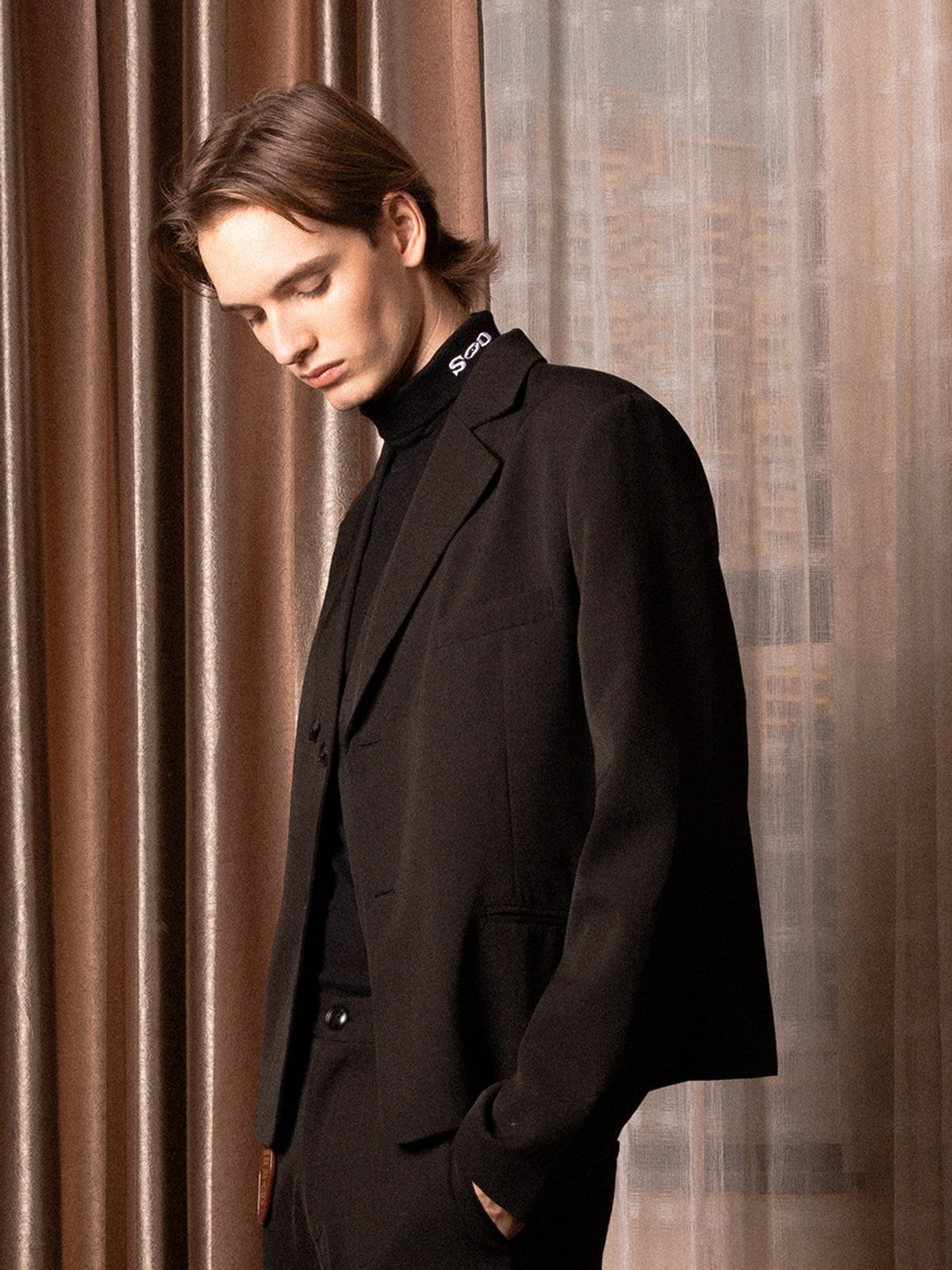 SOD Deconstructed Asymmetric Wool Blazer in Black - On Male Model