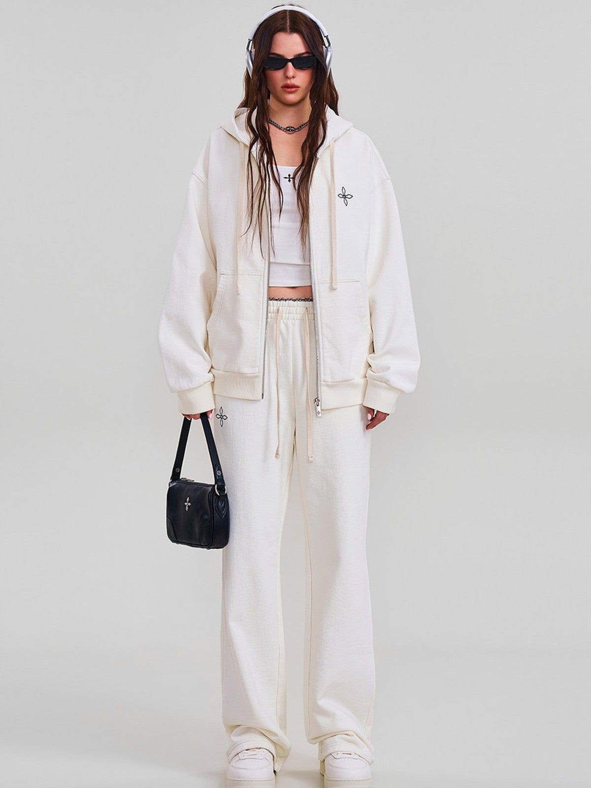 SMFK Embroidered Cotton Zip Up Hoodie in White - On Female Model