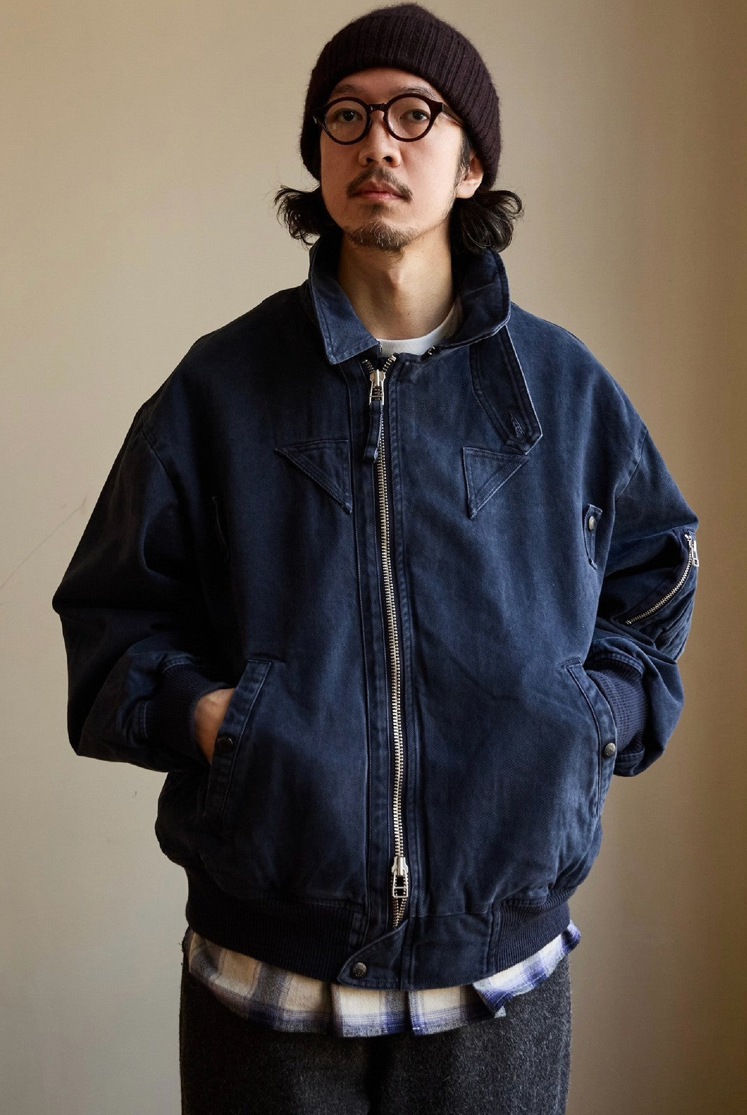 USAGE Washed Cotton Lyocell B 15 Bomber in Navy - On Male Model