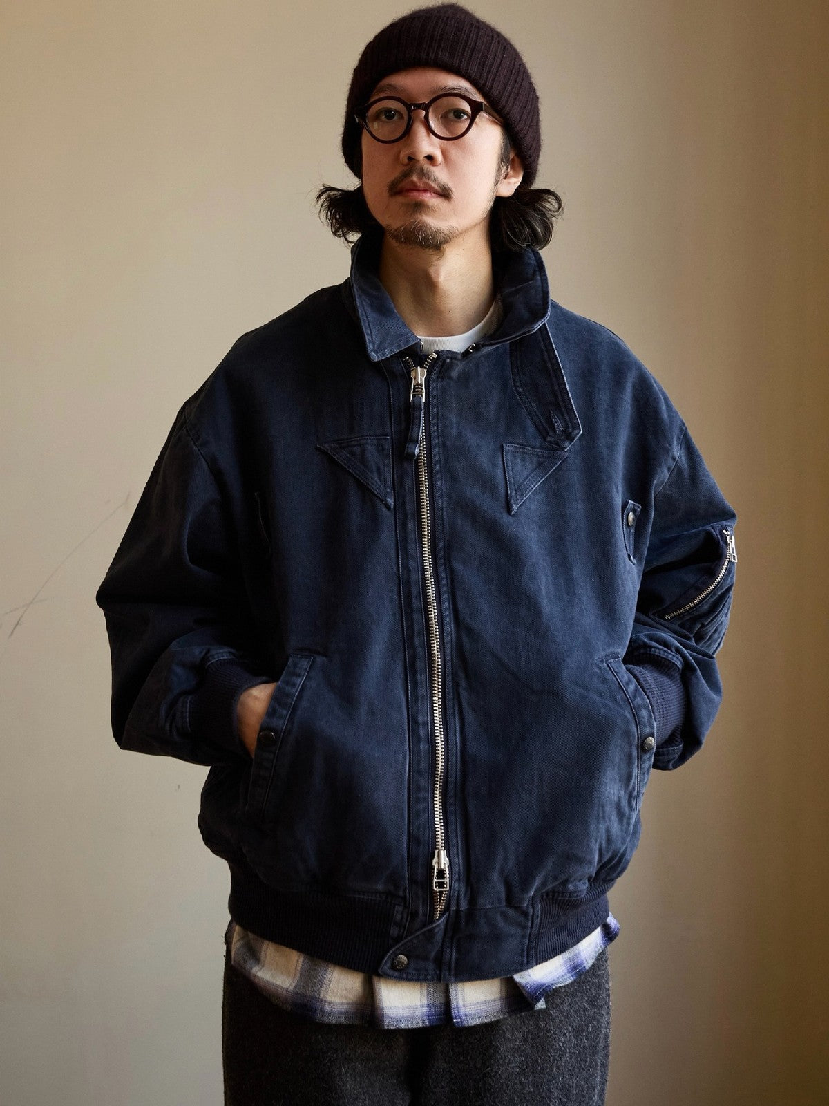 USAGE Washed Cotton Lyocell B 15 Bomber in Navy - On Male Model