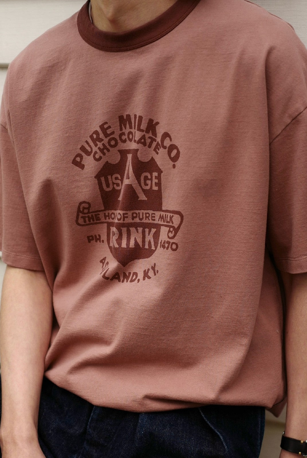 USAGE Graphic Cotton Ringer T Shirt in Pink - On Male Model