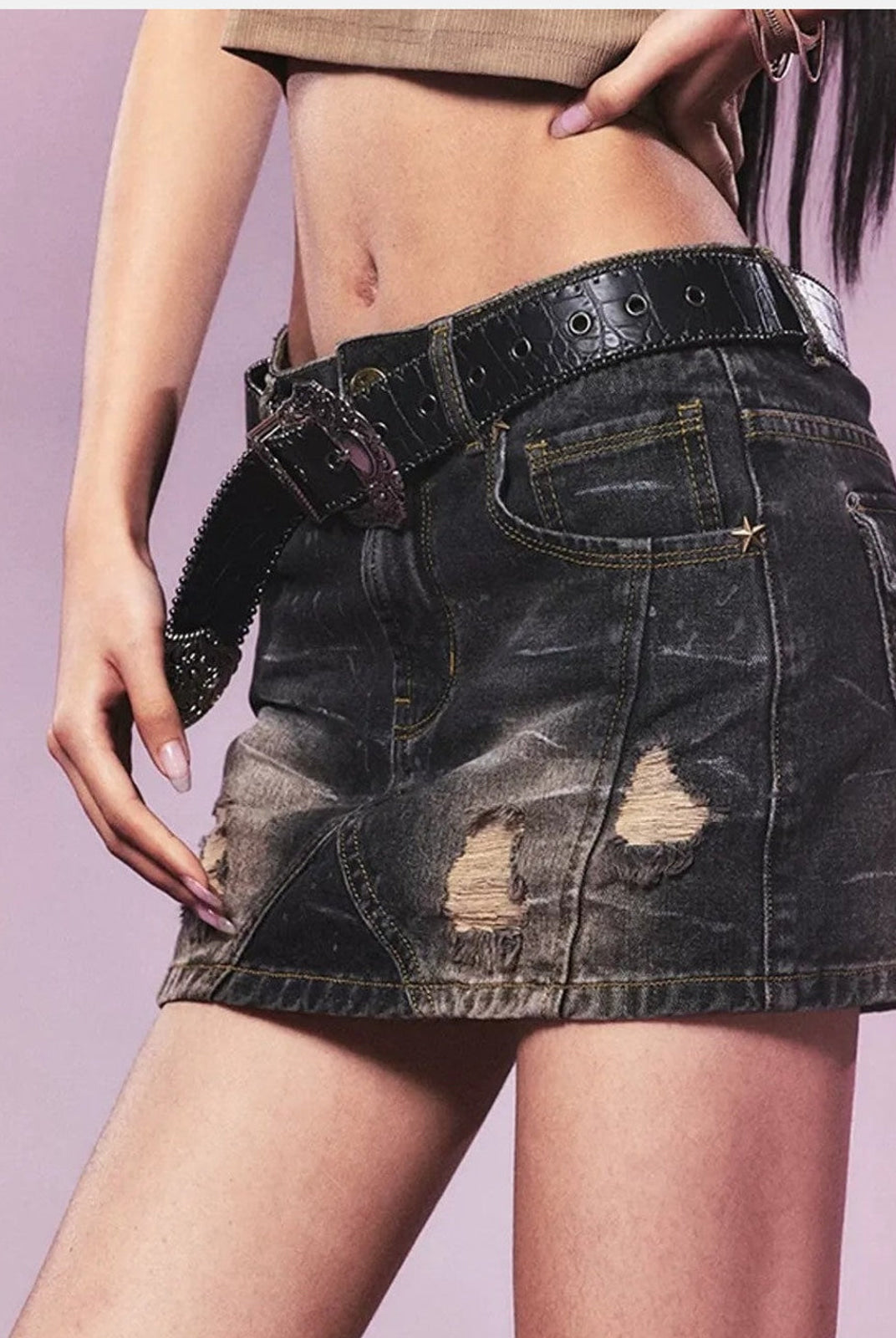 BeerBro Studded Distressed Denim Mini Skirt in Denim - On Female Model