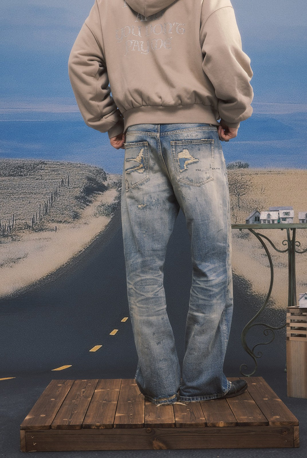 SOD Distressed Graffiti Embroidered Jeans in Blue - On Model