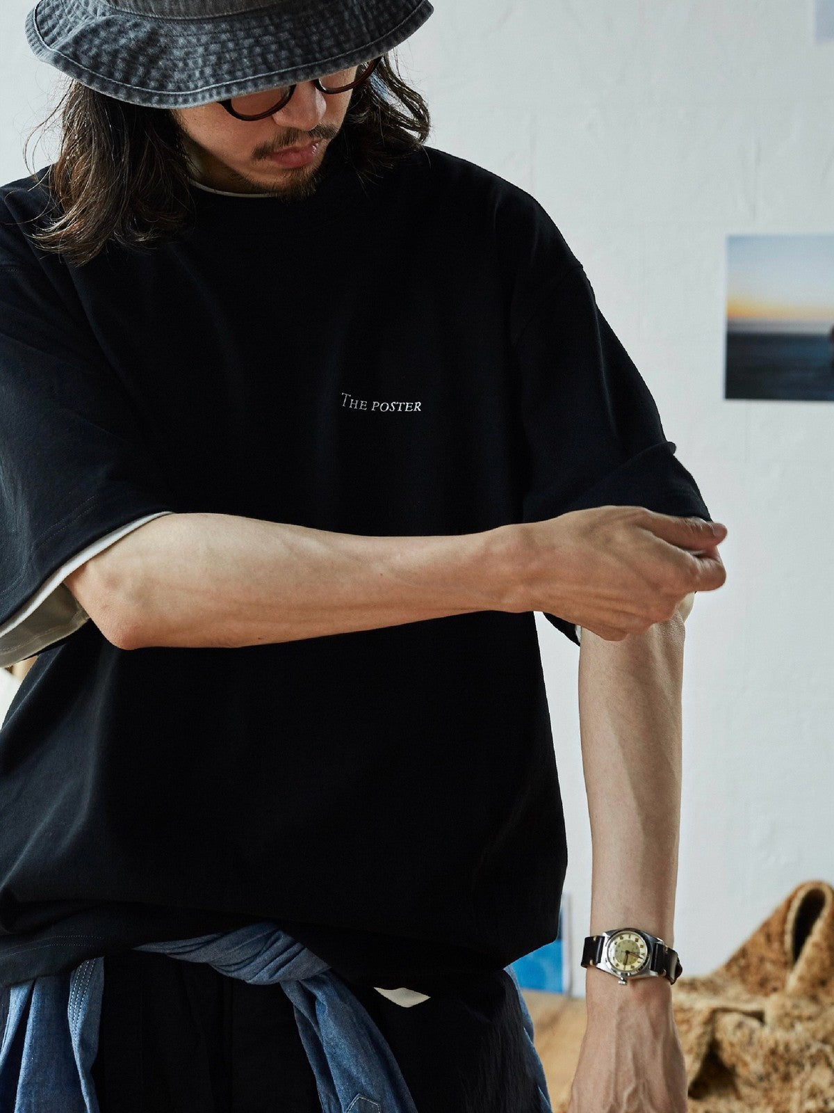 USAGE Vintage Photo Print Cotton T Shirt in Black - On Male Model