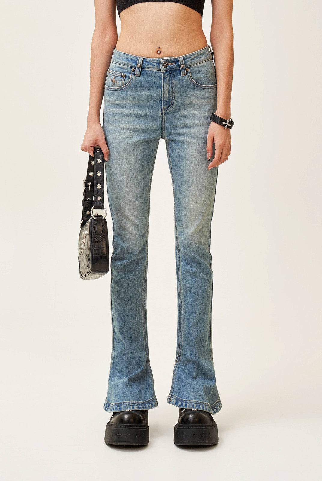 SMFK High Waisted Horseshoe Flare Jeans in Blue - On Female Model