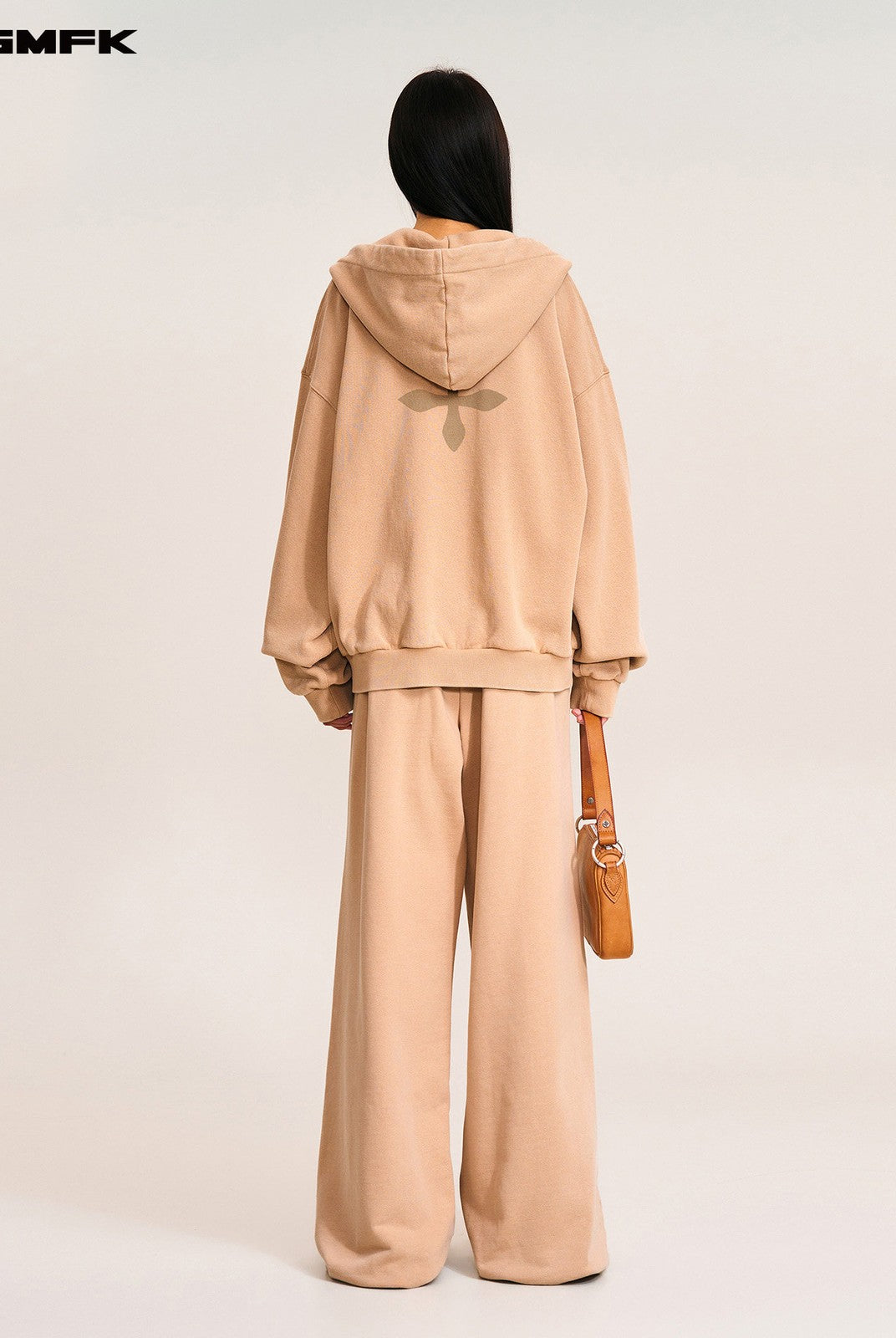 SMFK Cross Embroidered Cotton Zip Up Hoodie in Beige - On Female Model