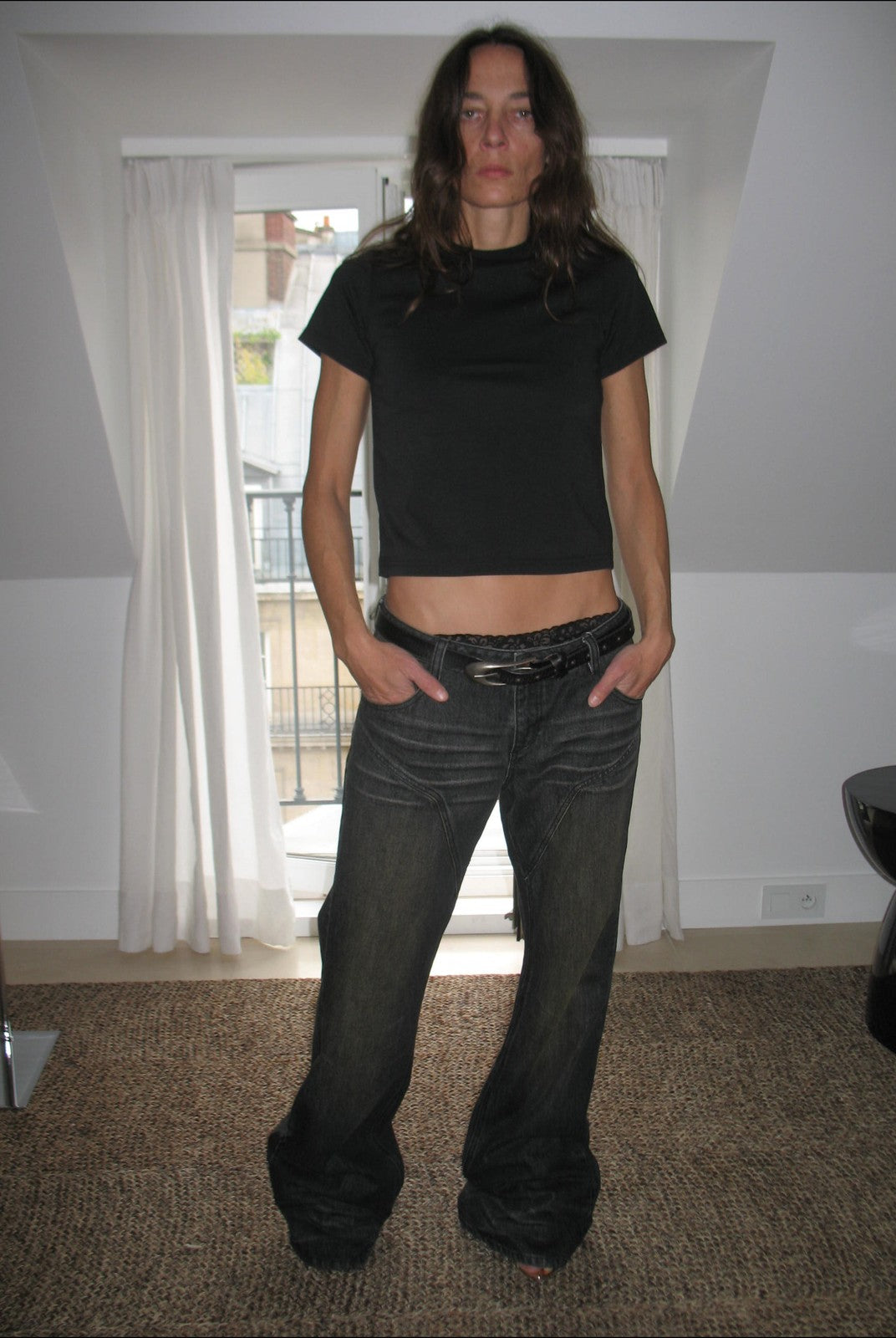 FaxCopyExpress Curved Panel Dirty Wash Jeans in Gray - On Female Model
