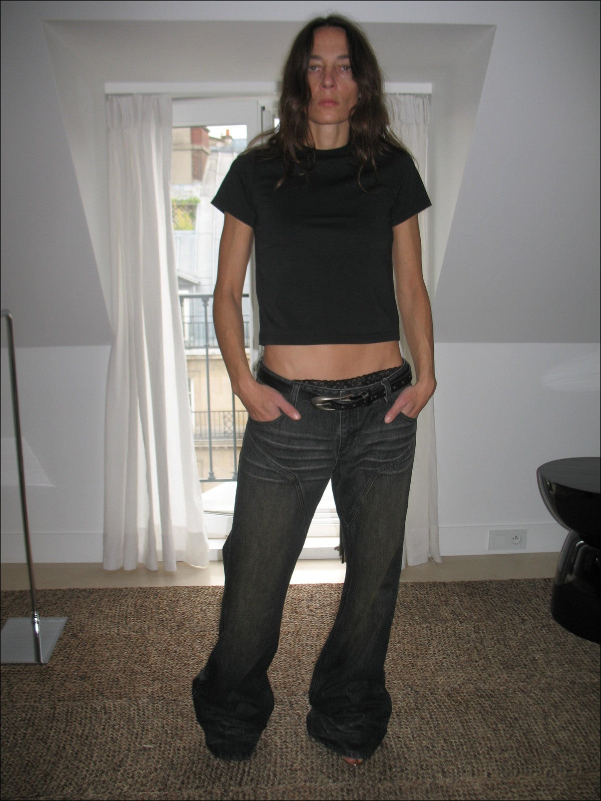 FaxCopyExpress Curved Panel Dirty Wash Jeans in Gray - On Female Model
