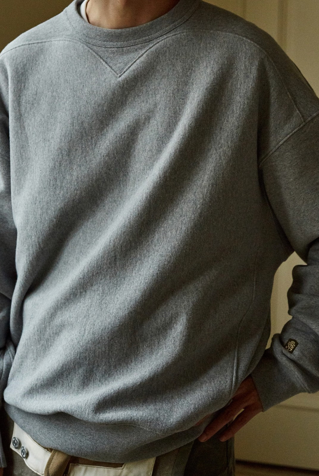 USAGE Reversible Cotton Crewneck Sweatshirt in Heather Gray - On Male Model
