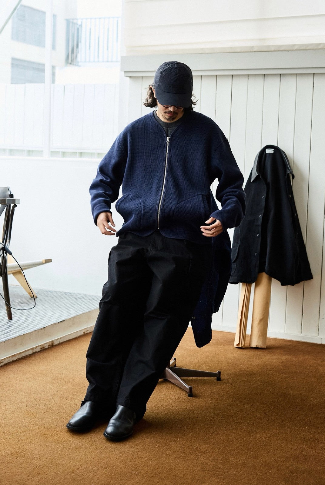 USAGE Heavyweight Waffle Knit Zip Cardigan in Navy Blue - On Male Model