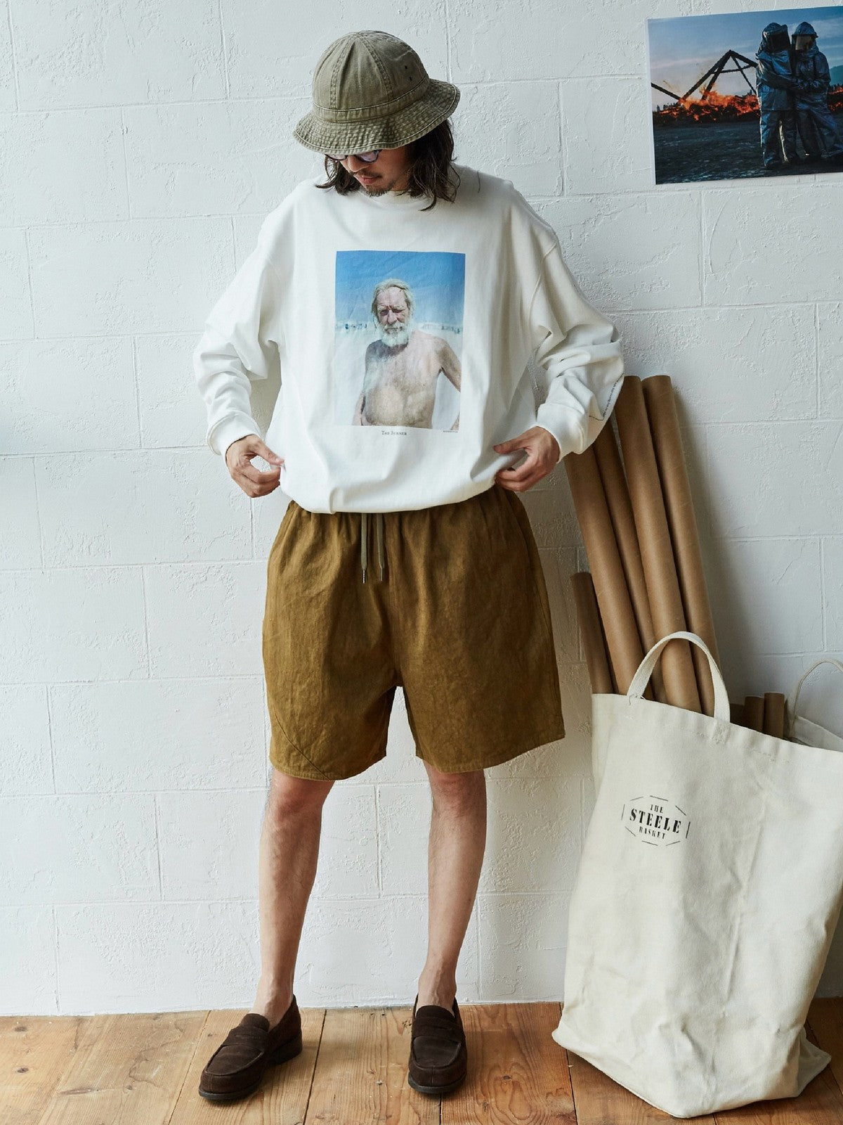 USAGE Vintage Photo Print Cotton T Shirt in White - On Male Model