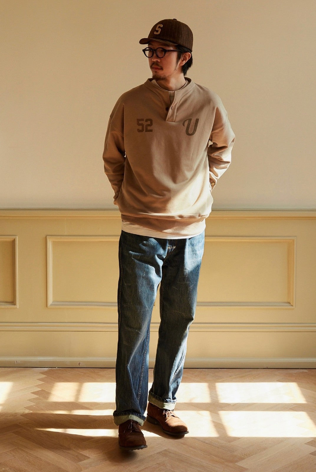 USAGE Terry Cotton Henley Sweatshirt in Beige - On Male Model