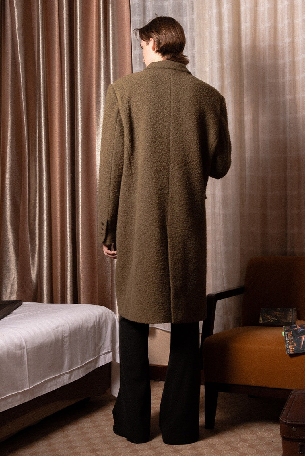 SOD Oversized Double Breasted Wool Blend Coat in Green - On Male Model