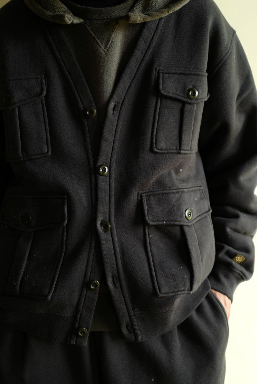 USAGE Cotton Safari Pocket Cardigan Sweatshirt in Navy Blue - On Model