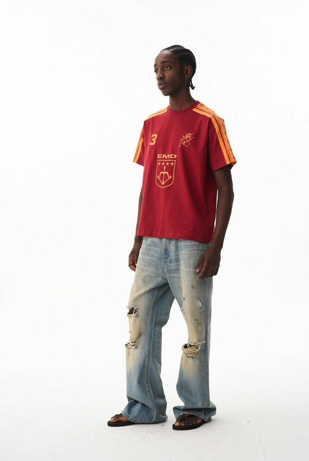 BLINDNOPLAN Retro Color Block Graphic T Shirt in Red - On Male Model