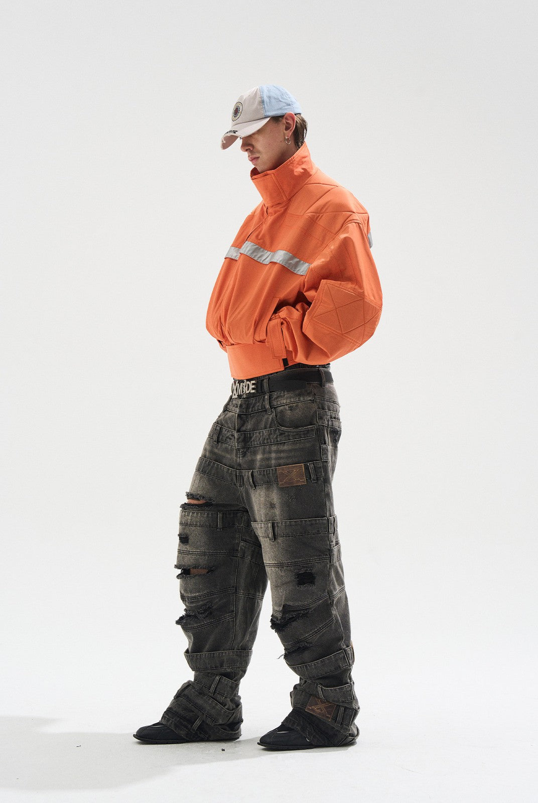 BLINDNOPLAN Reflective Strip Stand Collar Jacket in Orange - On Male Model