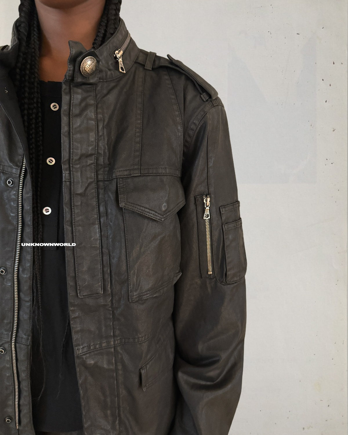 UNKNOWNWORLD Waxed Deconstructed M65 Jacket in Black - On Model