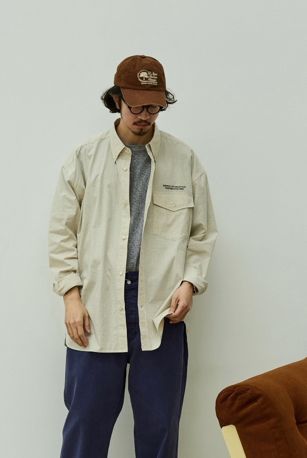 USAGE Oversized Micro Check Button Down Shirt in Cream - On Male Model