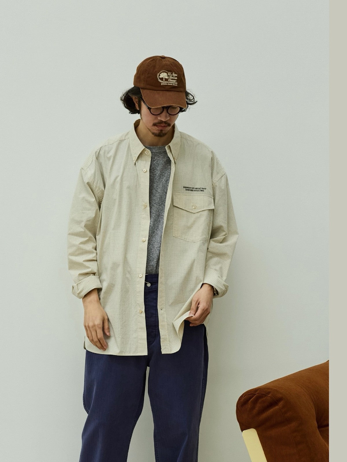 USAGE Oversized Micro Check Button Down Shirt in Cream - On Male Model
