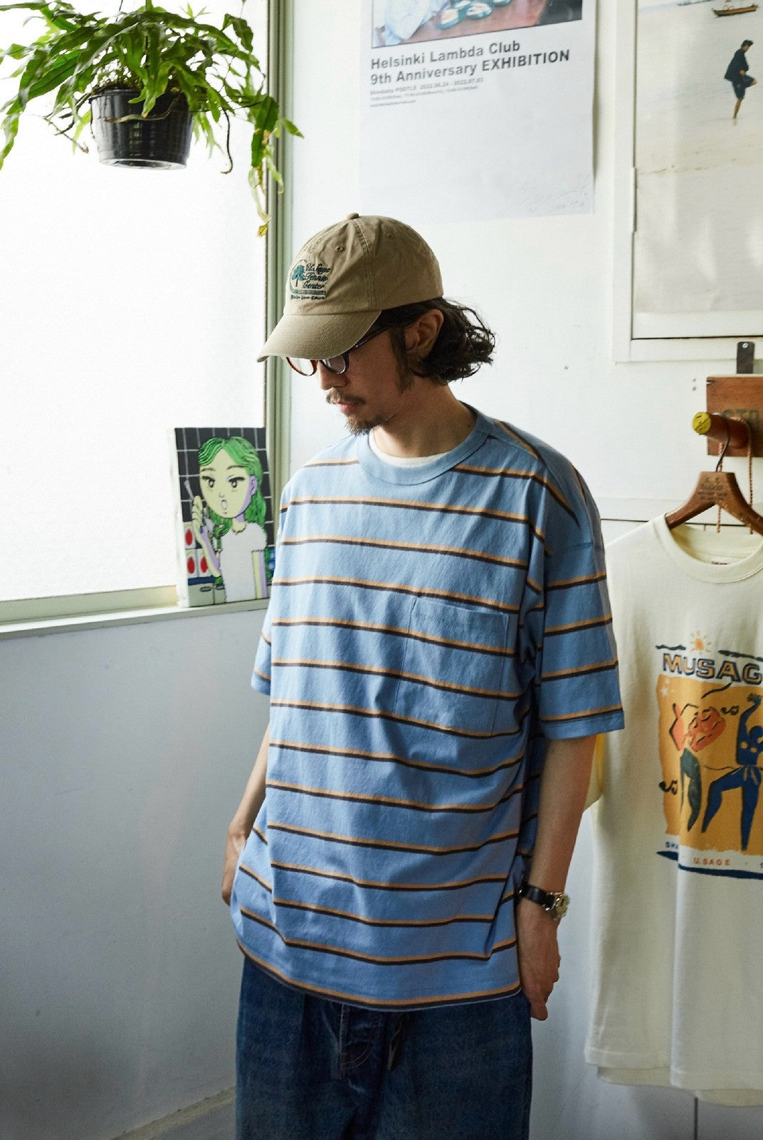 USAGE Retro Striped Cotton T Shirt in Blue - On Male Model