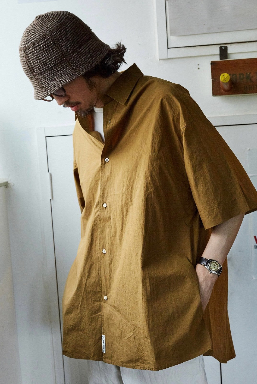 USAGE Cotton Crinkle Short Sleeve Shirt in Beige - On Male Model