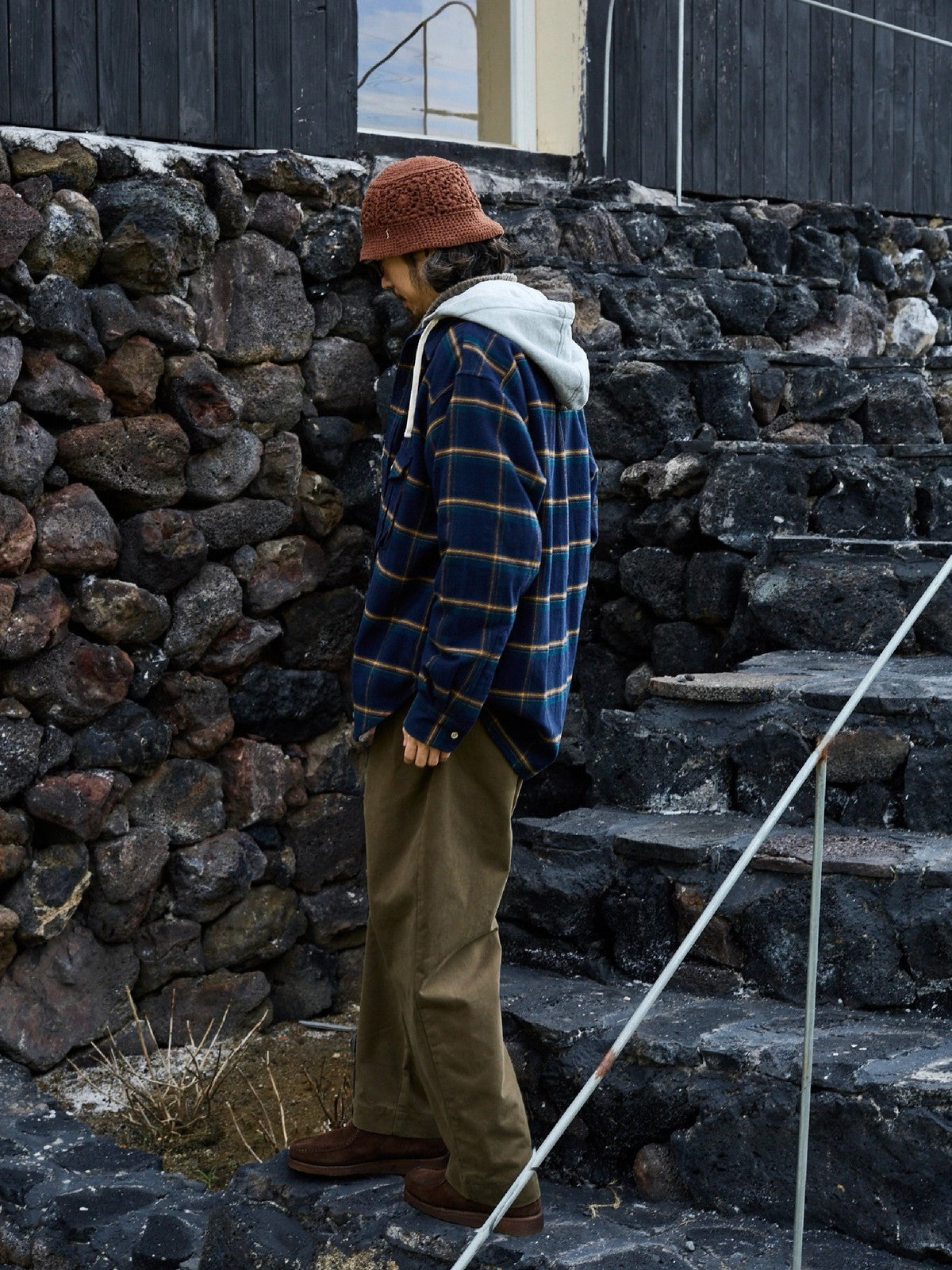 USAGE Detachable Hood Cotton Plaid Shirt in Navy Blue - On Male Model