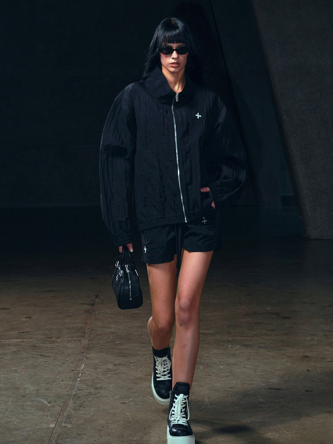 SMFK Lightweight Drawstring Track Shorts in Black - On Female Model