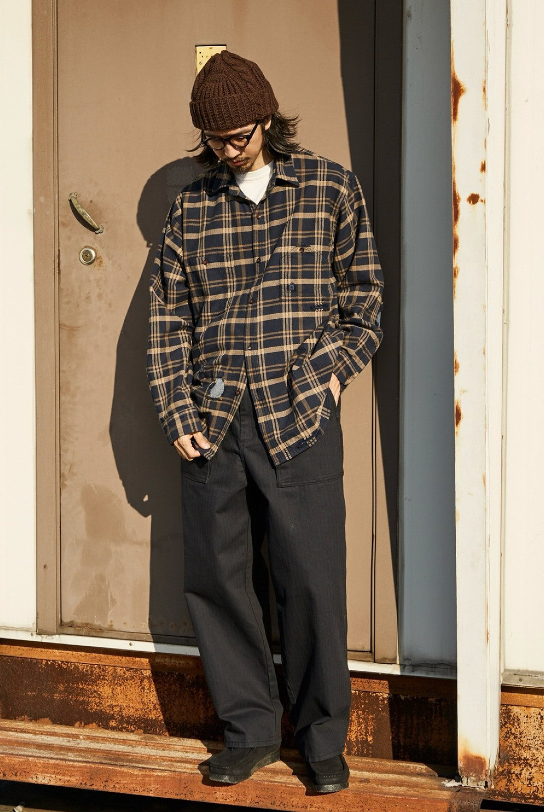 USAGE Heavyweight Herringbone Baker Pants in Navy Blue - On Male Model