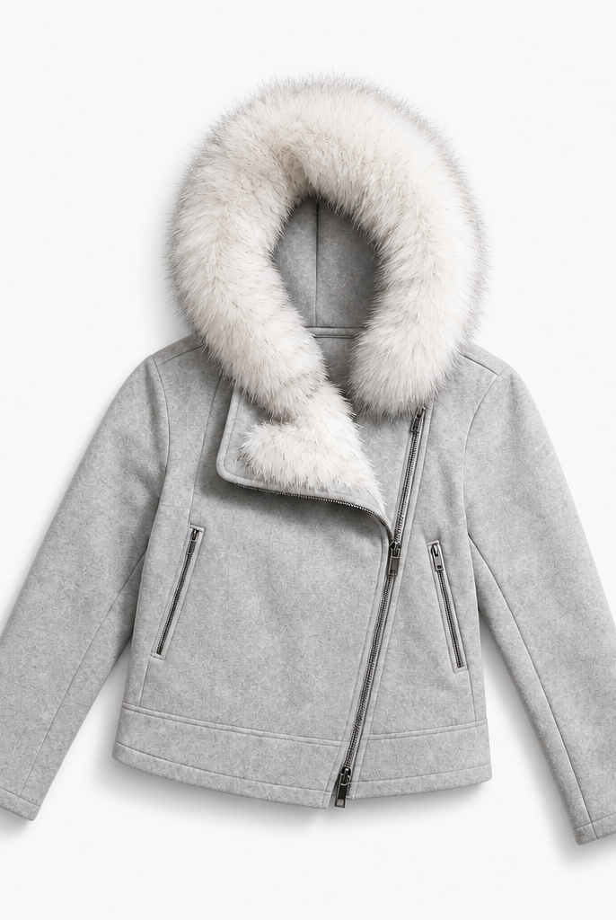 Mingstreet ASC launch still-life | RARELY ALIKE | Asymmetrical Faux Fur Trim Padded Jacket | Gray | background_redo_2026-06-21