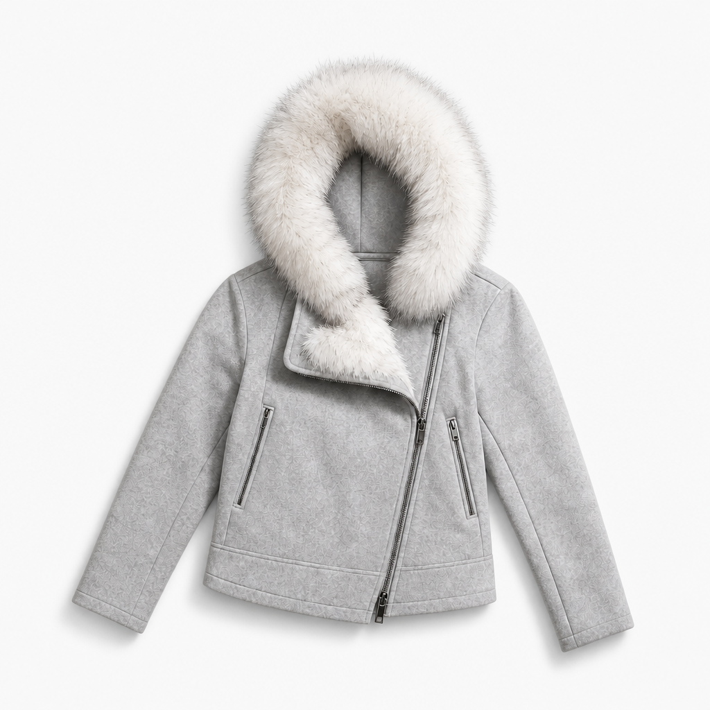 Mingstreet ASC launch still-life | RARELY ALIKE | Asymmetrical Faux Fur Trim Padded Jacket | Gray | background_redo_2026-06-21