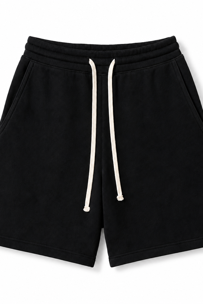 Mingstreet ASC launch still-life | RARELY ALIKE | Cotton Drawstring Sweat Shorts | Black | background_redo_2026-06-21