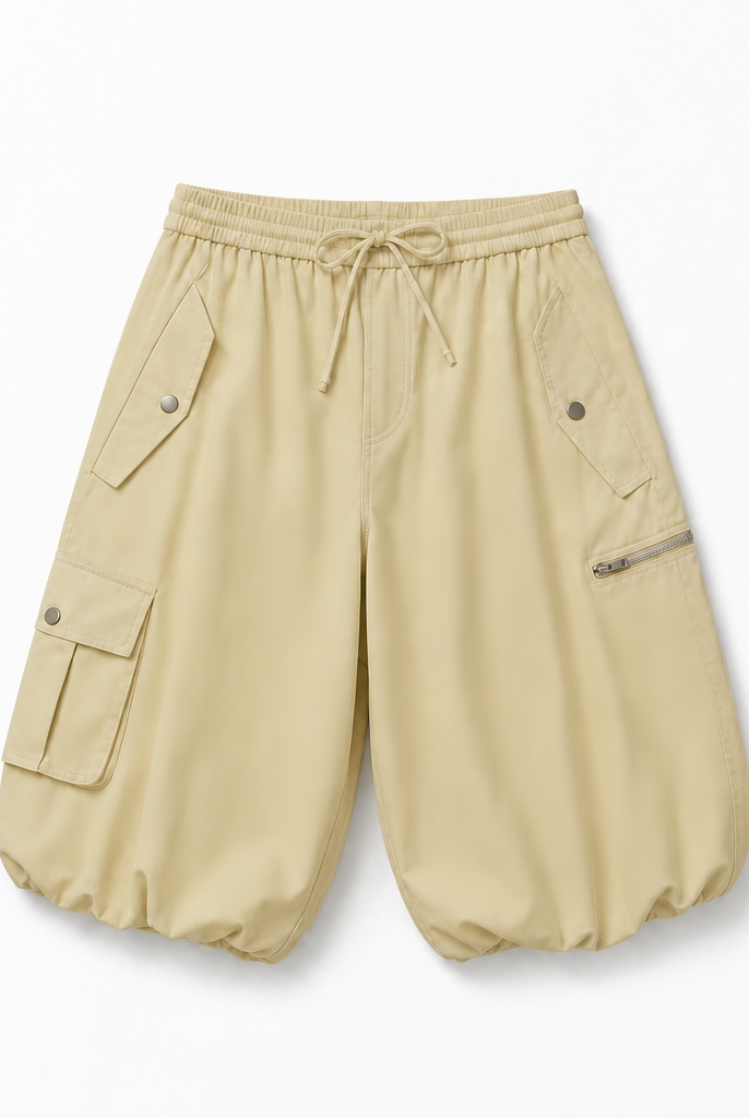 Mingstreet ASC launch still-life | RARELY ALIKE | Cropped Cotton Lantern Cargo Shorts | Beige | background_redo_2026-06-21