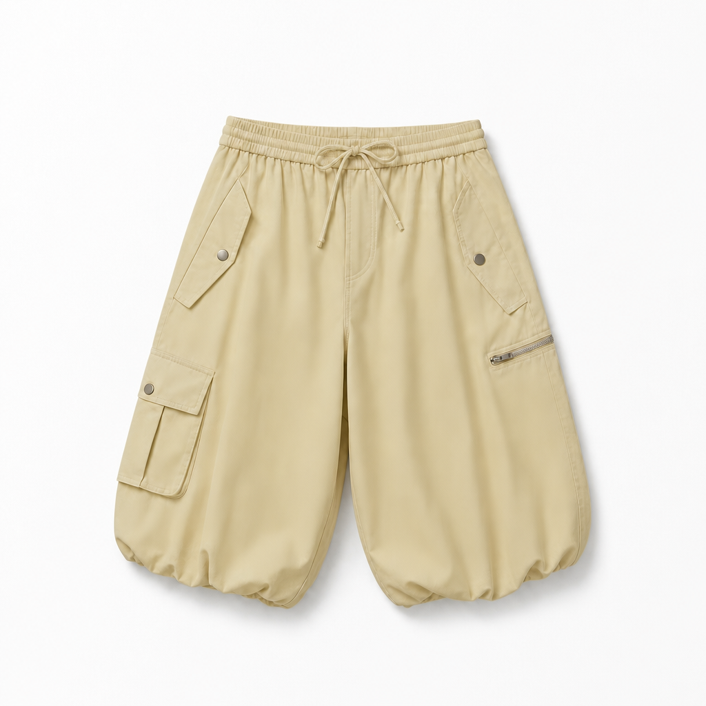Mingstreet ASC launch still-life | RARELY ALIKE | Cropped Cotton Lantern Cargo Shorts | Beige | background_redo_2026-06-21