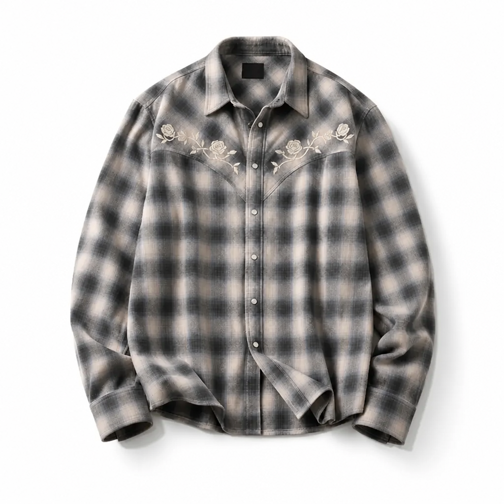 Mingstreet ASC launch still-life | SOD | Embroidered Plaid Western Shirt | Gray | background_redo_2026-06-21