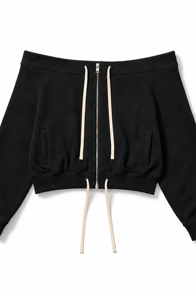 Mingstreet ASC launch still-life | RARELY ALIKE | Off Shoulder Zip Up Sweatshirt | Black | background_redo_2026-06-21