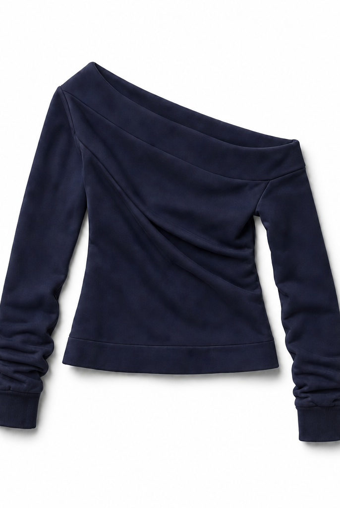 Mingstreet ASC launch still-life | RARELY ALIKE | Asymmetric Off Shoulder Sweatshirt | Navy Blue | background_redo_2026-06-21