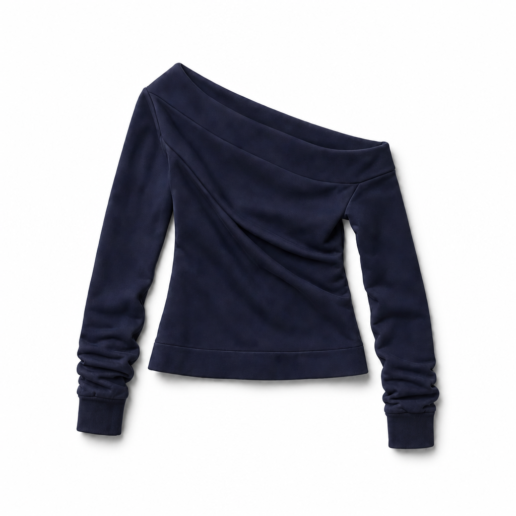 Mingstreet ASC launch still-life | RARELY ALIKE | Asymmetric Off Shoulder Sweatshirt | Navy Blue | background_redo_2026-06-21