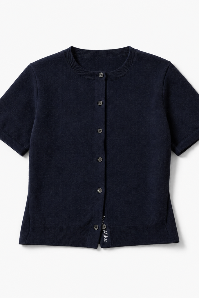 Mingstreet ASC launch still-life | RARELY ALIKE | Pure Wool Short Sleeve Cardigan | Navy Blue | background_redo_2026-06-21