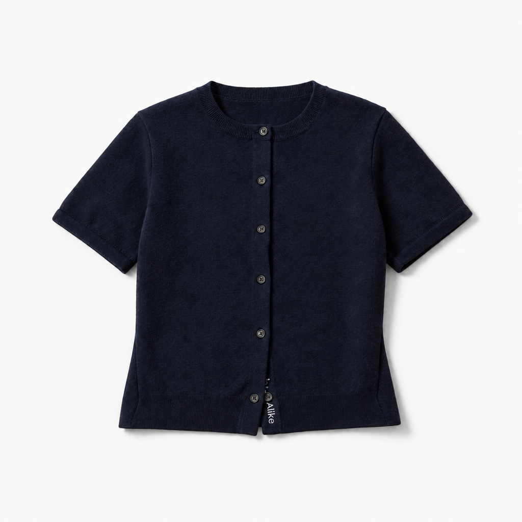 Mingstreet ASC launch still-life | RARELY ALIKE | Pure Wool Short Sleeve Cardigan | Navy Blue | background_redo_2026-06-21