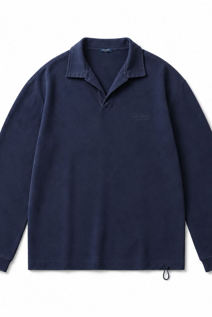 Mingstreet ASC launch still-life | USAGE | Oversized Textured Long Sleeve Polo | Navy Blue | background_redo_2026-06-21
