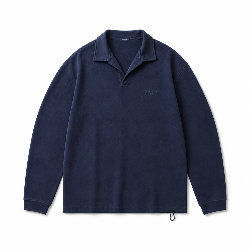 Mingstreet ASC launch still-life | USAGE | Oversized Textured Long Sleeve Polo | Navy Blue | background_redo_2026-06-21