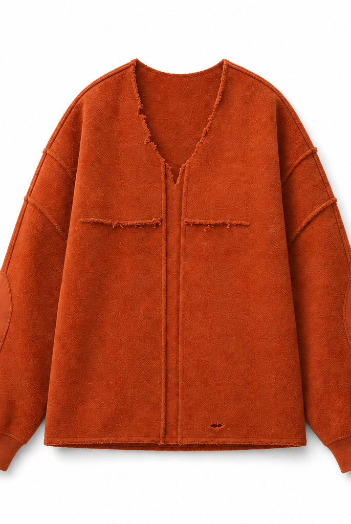 Mingstreet ASC launch still-life | D5ove | Distressed V Neck Fleece Sweatshirt | Orange | background_redo_2026-06-21