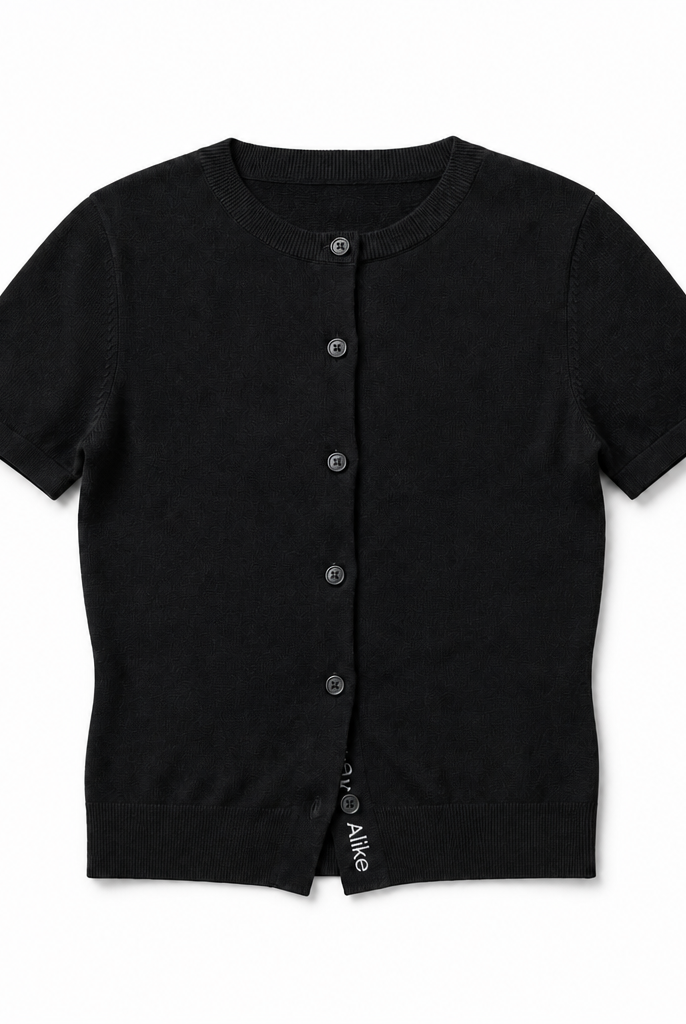 Mingstreet ASC launch still-life | RARELY ALIKE | Pure Wool Short Sleeve Cardigan | Black | background_redo_2026-06-21