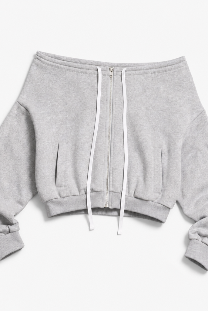 Mingstreet ASC launch still-life | RARELY ALIKE | Off Shoulder Zip Up Sweatshirt | Gray | background_redo_2026-06-21