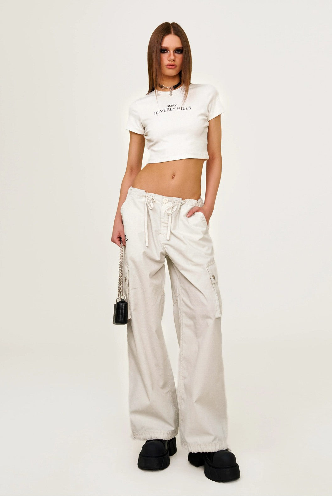SMFK Wide Leg Parachute Cargo Pants in Gray - On Female Model